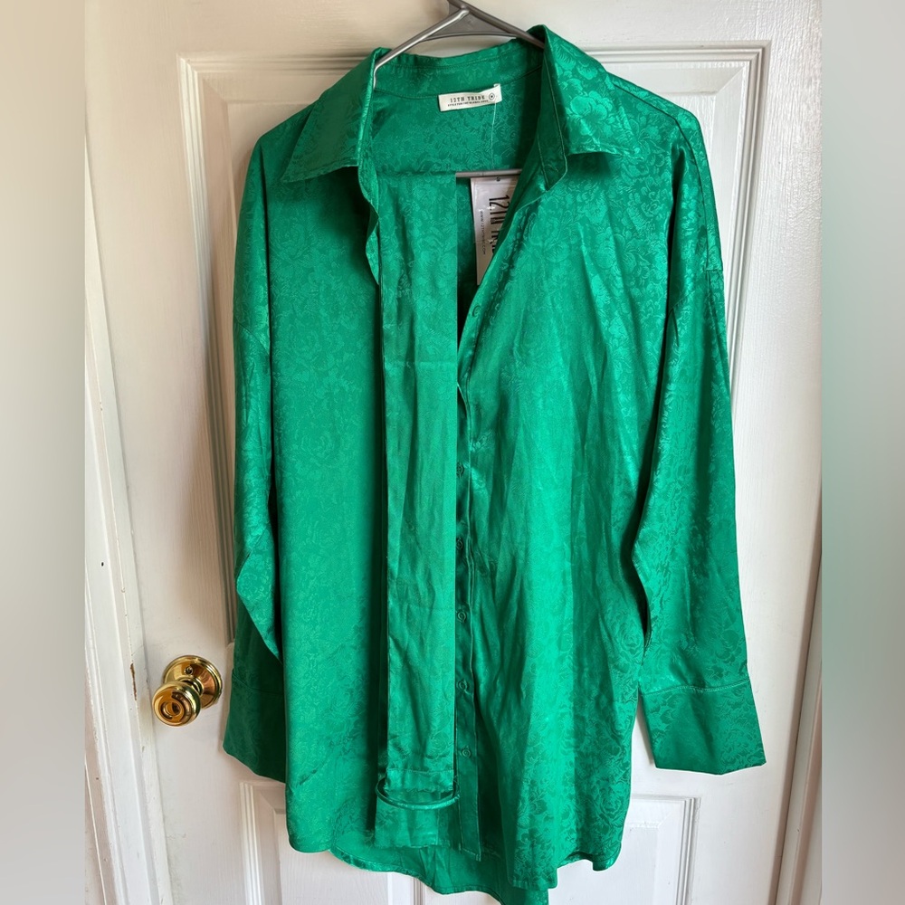 12th Tribe After Party Emerald Green Belted Shirt Dress M